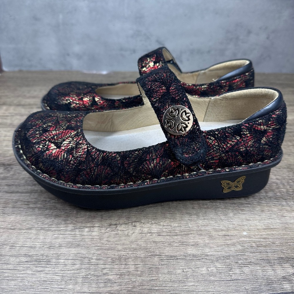 Alegria Paloma~Women's~Mary Jane Shoes Black/Red Abstract Fan Pattern~Size 35/5